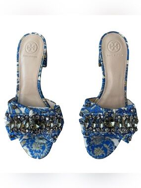 Tory Burch‎ Valentina Brocade Crystal Bow Slide Sandals Blue Gold 8